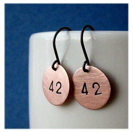 geekery, computer, jewelry, earrings, metal, copper, 42, sci fi, earring, pawandclawdesigns, handmade, sterling silver, hitchhikers guide, brushed
