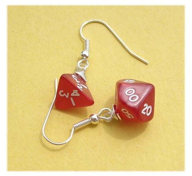 geekery, earring, earrings, wire, silver plated, pawandclawdesigns, d n d, rpg, game, mini, jewelry, dungeons dragons, die, red