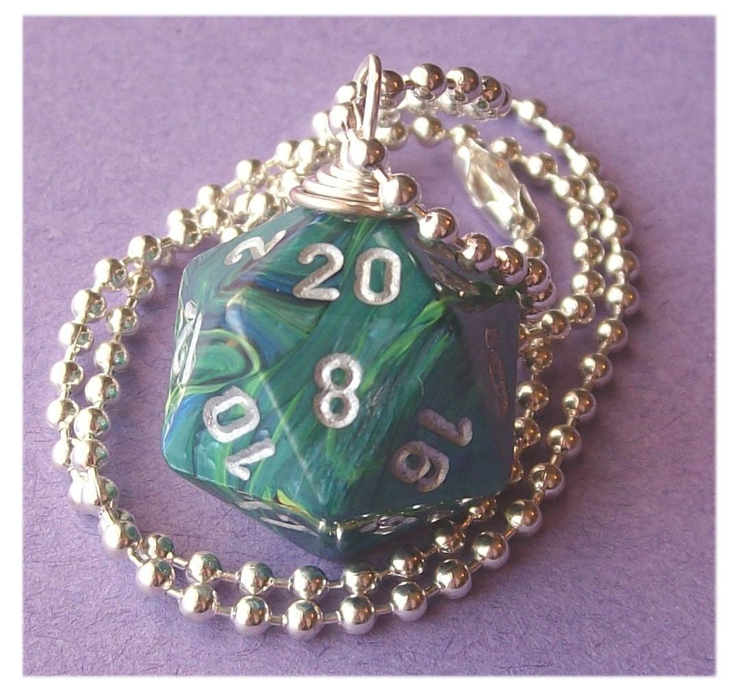 geekery, dice, die, geek, game, dnd, jewelry, necklace, pendant, accessory, dungeons dragons, pawandclawdesigns, sci fi, blue green aqua, magic