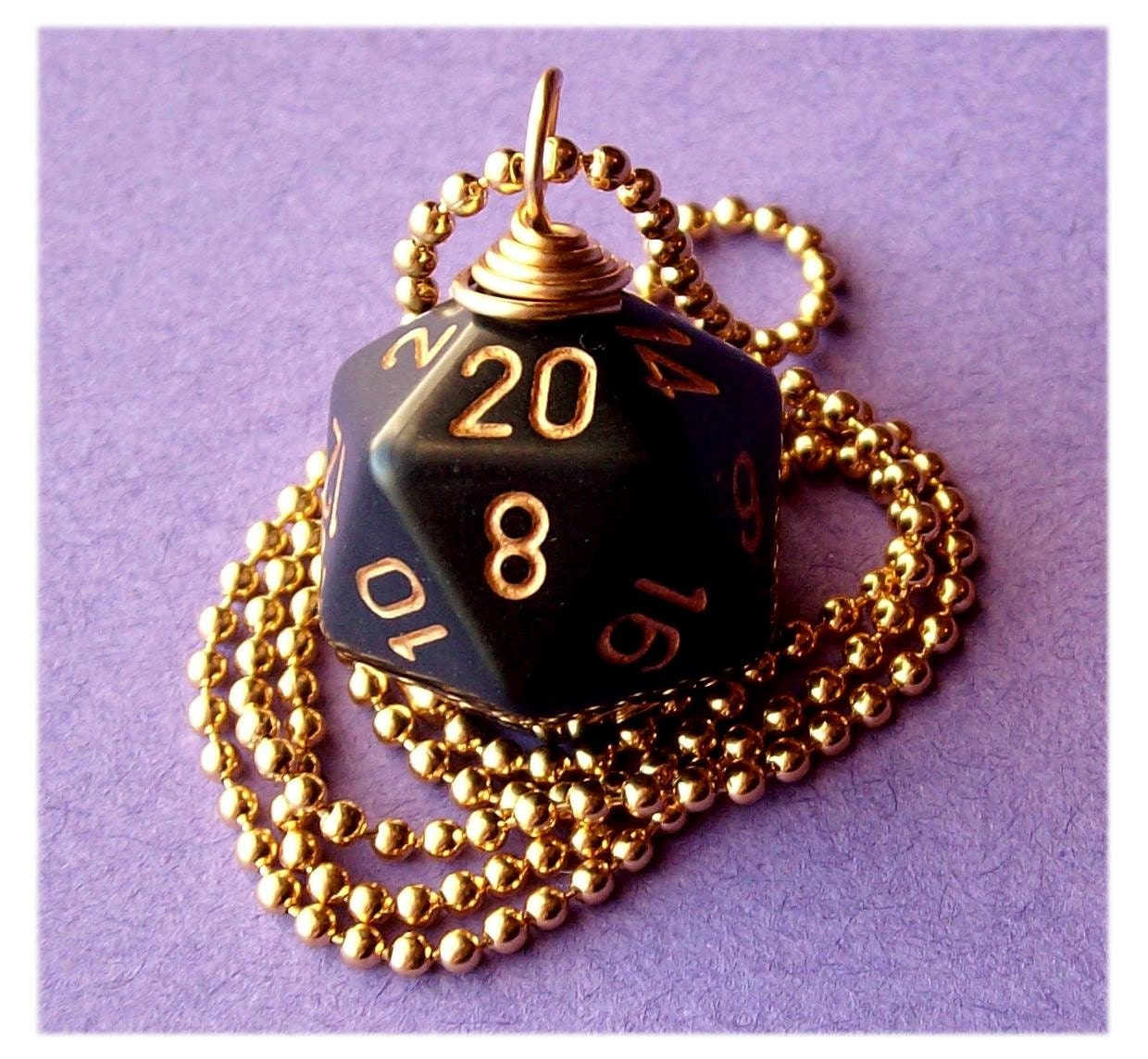 geekery, dice, die, geek, game, dnd, jewelry, necklace, pendant, dungeons dragons, pawandclawdesigns, black, gold, d20