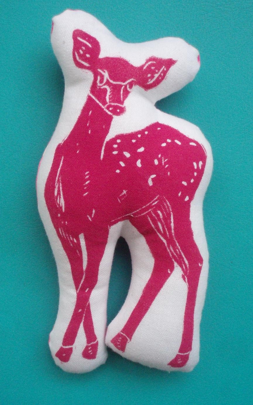 block print pink deer stuffie