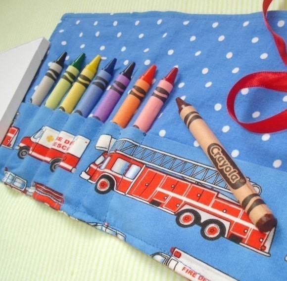 Crayon Roll and Notepad for Little Artists, Firetrucks