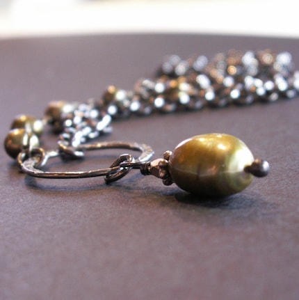 jewelry necklace asymmetrical green pearls oxidized