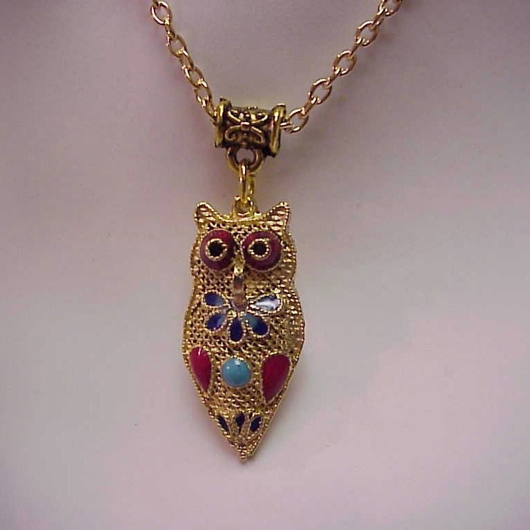 Gold Owl Enameled Necklace