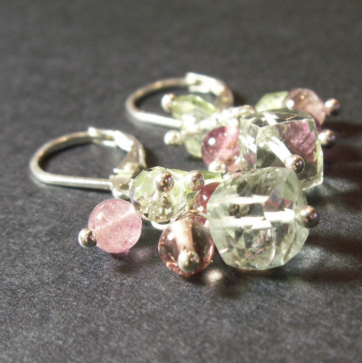 sterling silver earrings prasiolite green amethyst pink tourmaline