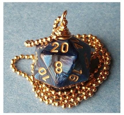 geekery, dice, die, geek, game, dnd, jewelry, necklace, pendant, dungeons dragons, pawandclawdesigns, shimmer, d20, blue
