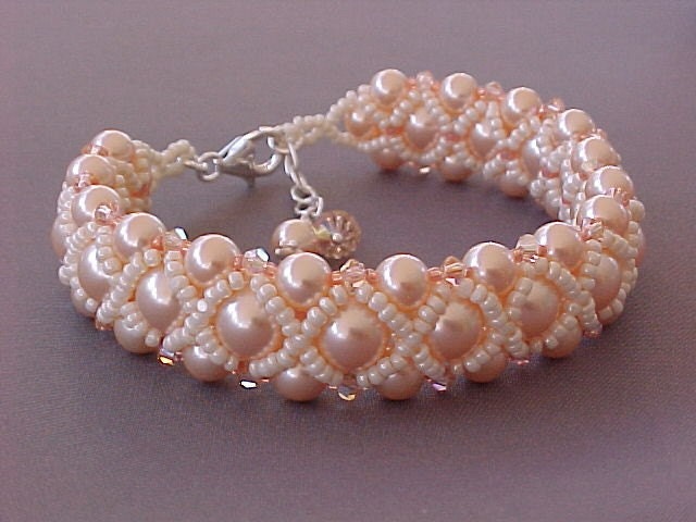 Bead Woven Swarovski Peach Pearl Bracelet