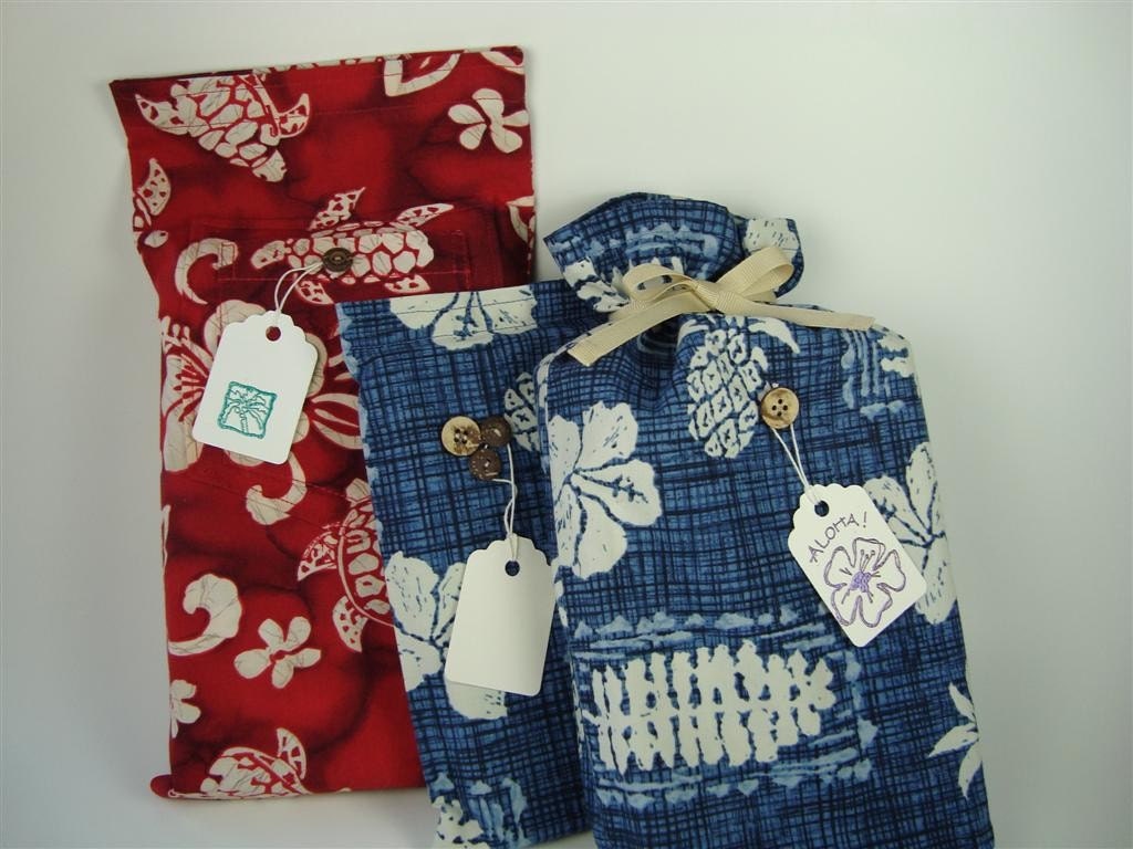 Set of 3 Tropical Fabric Gift Bags - Recycled Hawaiian Shirts - Aloha Cottons - Red and Blue for All Occasions