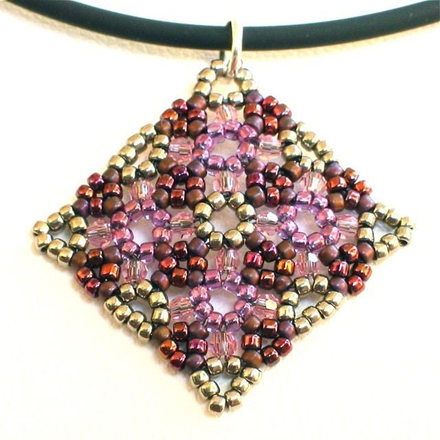 Rosy Picnic Bead Woven Pendant -- Burgundy Purple Brown Silver