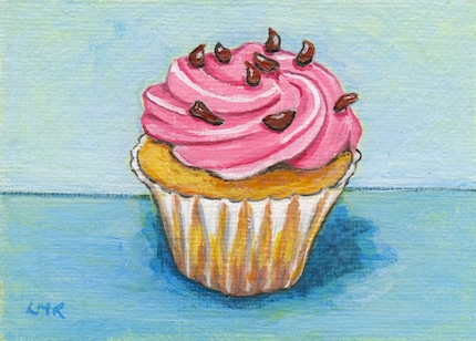 Original Acrylic ACEO, Strawberry Dream with Chocolate Flakes, Cupcake Art