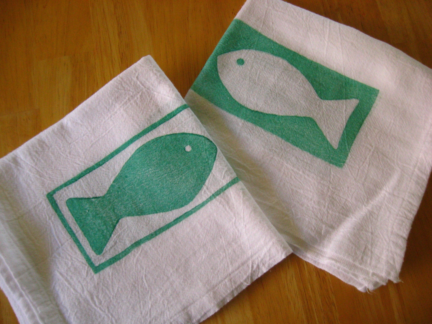 Tea Towels- Kelp Green Fish Block Print- Set of 2