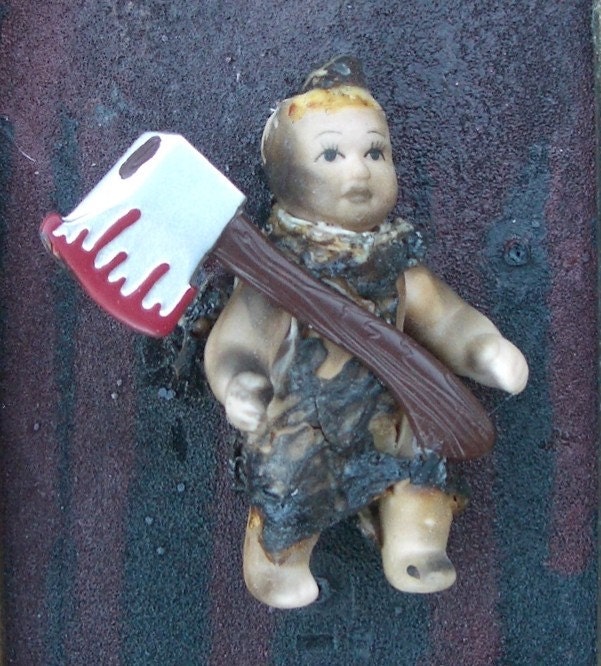 BABY PLAYS WITH AXE - PRINT of Original Mixed Media Altered DOLL ART Painting by LAS VEGAS Artist NAY