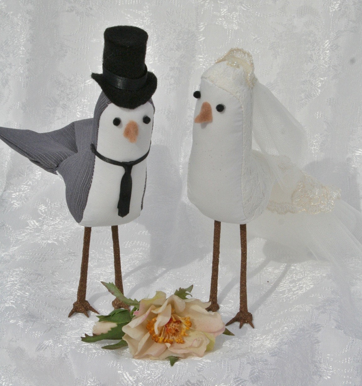 Bride and Groom Fabric Bird Wedding Cake Topper - vintage style