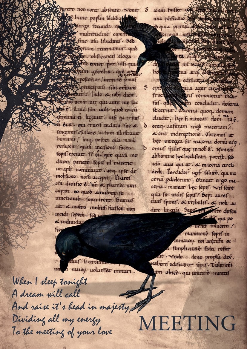 MEETING - Poster print collage with crow in vintage  style - size 8,268 X 11,693 inches