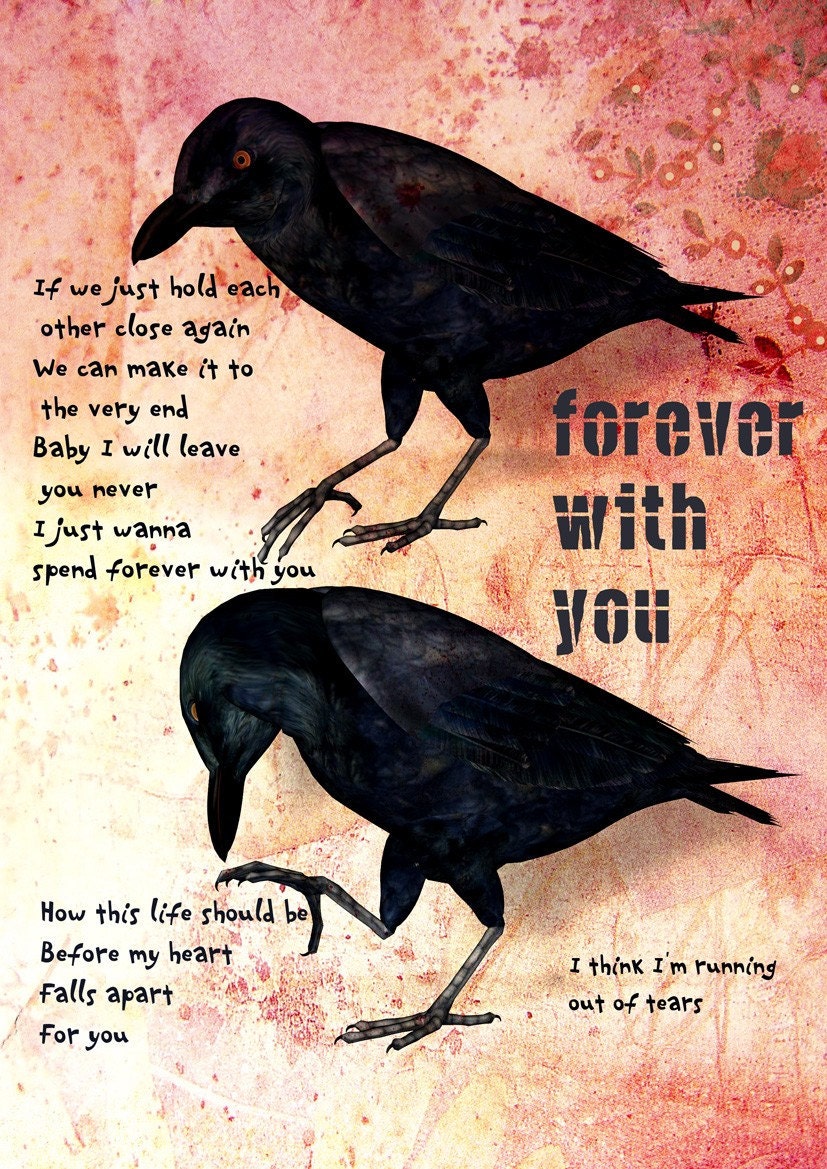 forever with you - Poster print collage with crows in vintage style - size 8,268 X 11,693 inches