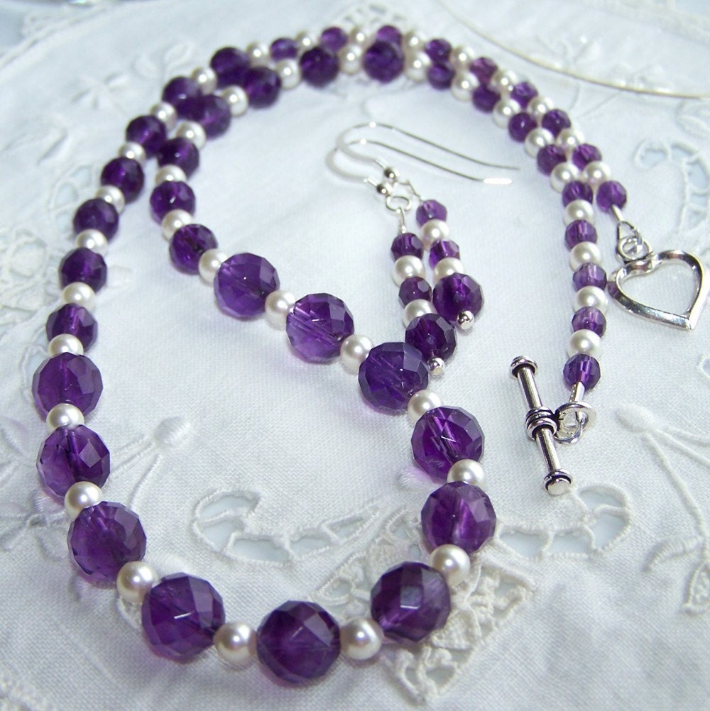 PROSPER Faceted Amethyst and Swarovski Pearls Necklace and Earrings Sterling Silver Set