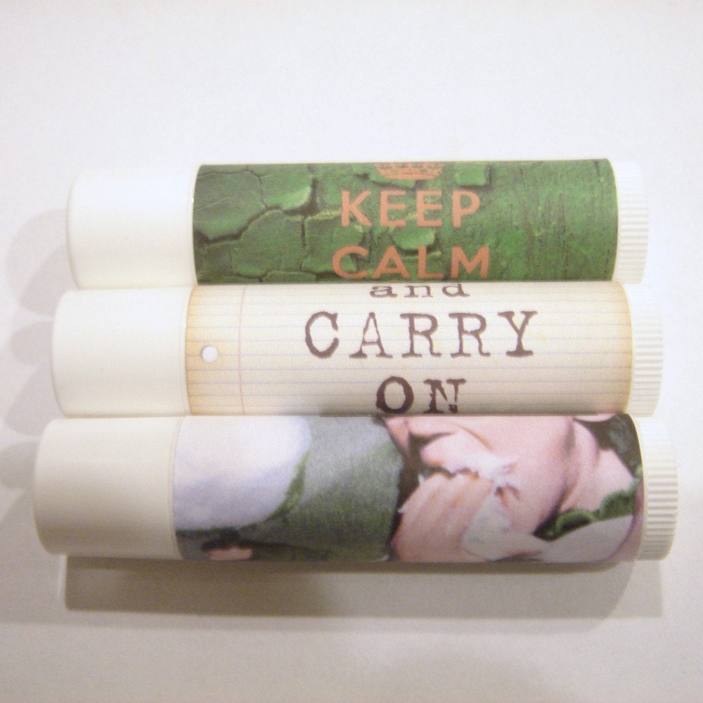 Three Vegan Lip Balms -- Keep Calm and Carry On -- Your Choice of Flavors