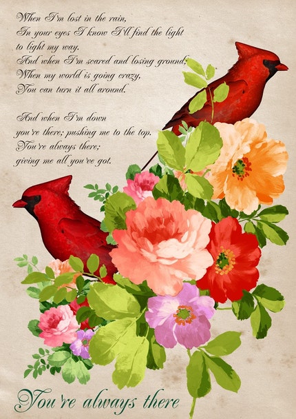You're always there - Poster print collage with cardinals birds in vintage style - size 8,268 X 11,693 inches