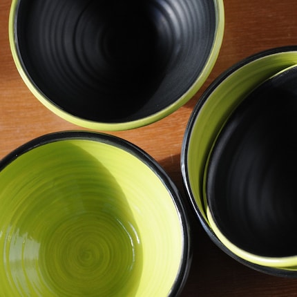 Small porcelain bowl set  black and chartruse -for orders only