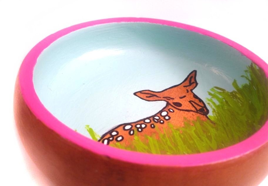 baby deer painted vintage wooden dish to hold jewelry, crafts, office supplies, etc.