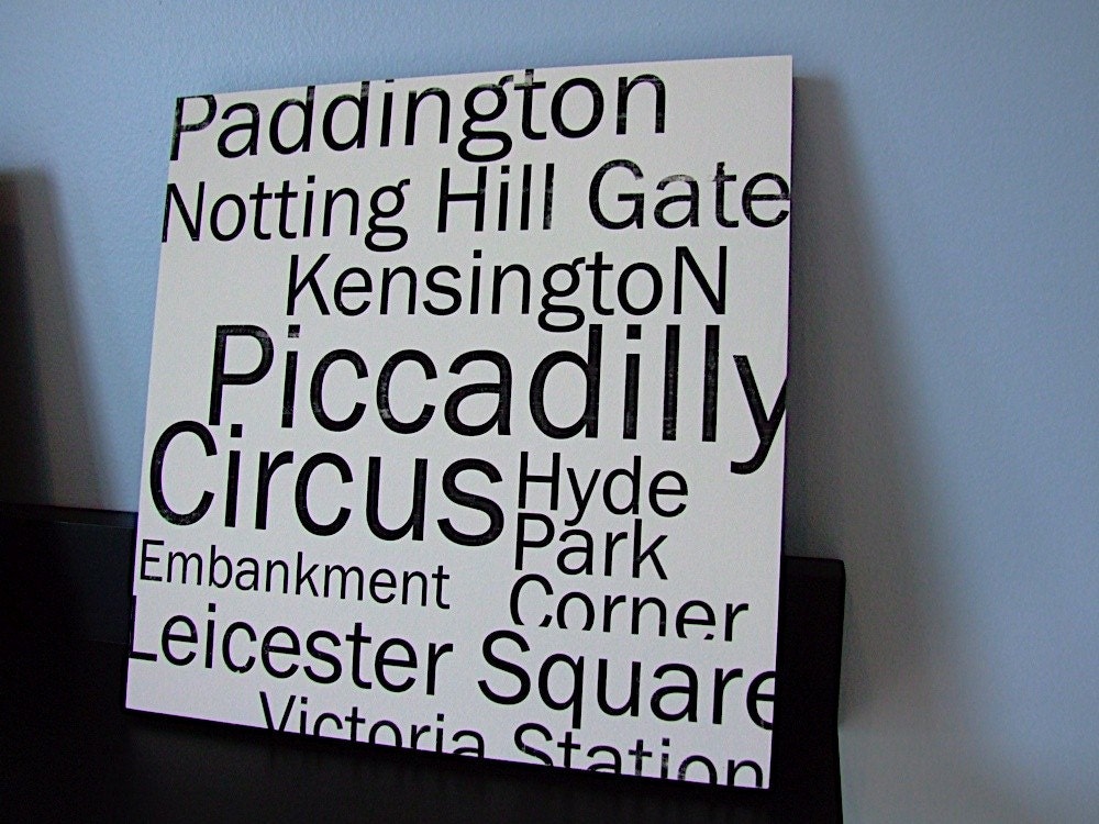 London Tube Stops in White with Black Text 12x12 CAFE MOUNT