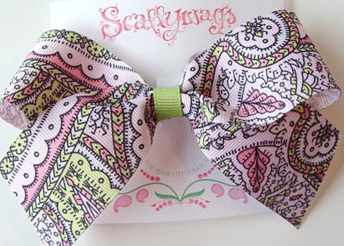 Pink and Green Paisley Bow Barrette