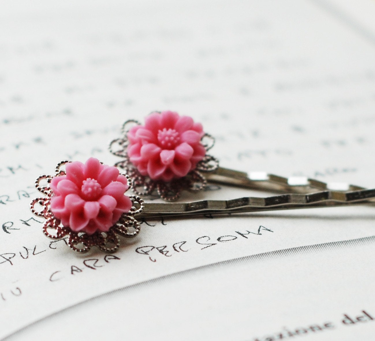 Pink Flower Silver Bobby Pin