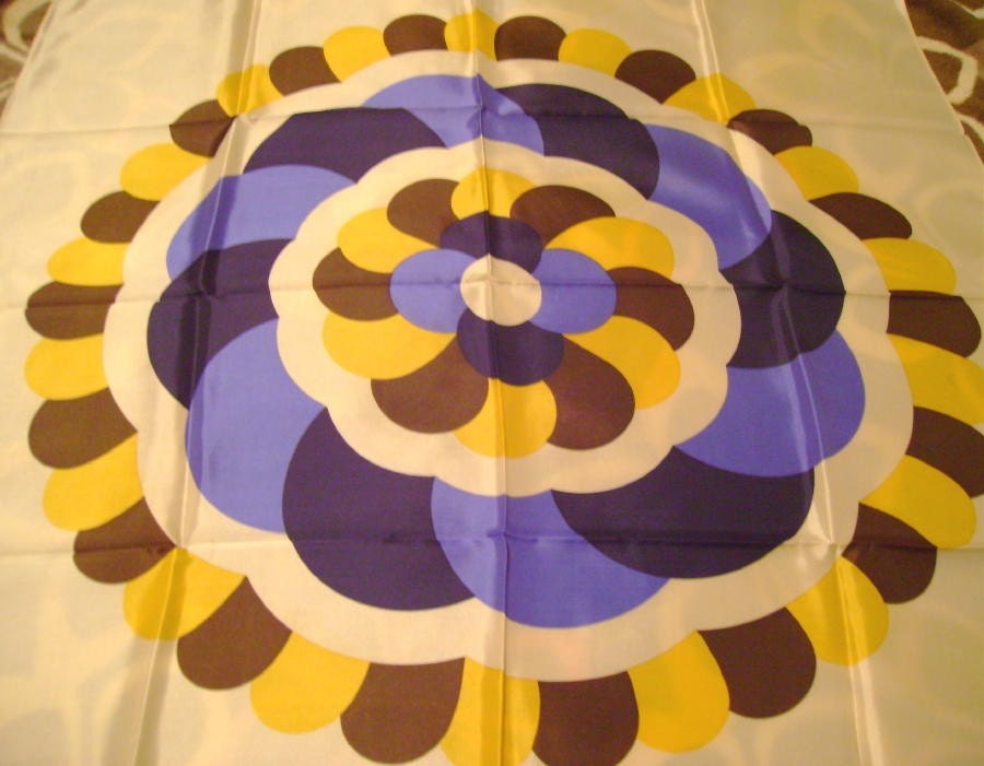 Large vintage scarf op art flower print by Simone hand printed blue yellow brown