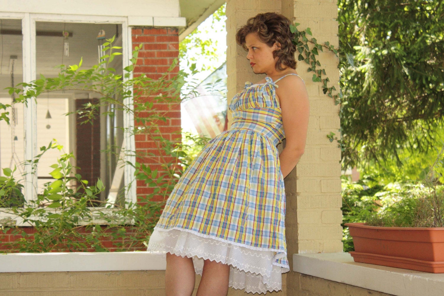 Custom Vintage Style Plaid Seersucker Sundress with Petticoat (CUSTOM SIZED)