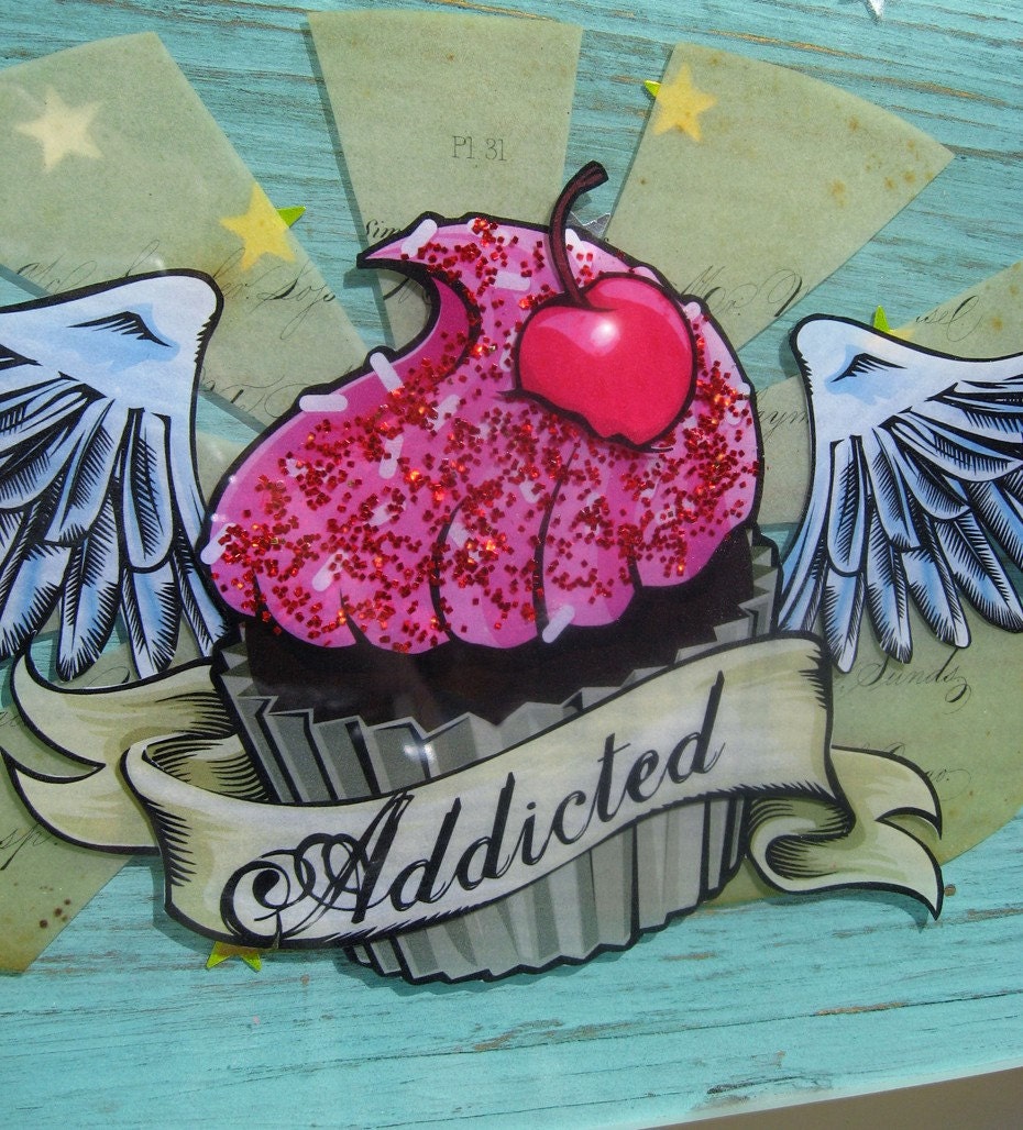 Handmade Art on Etsy - cupcake addiction tattoo style decoupage on reclaimed 