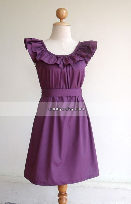Custom made ruffled neckline purple dress with sash