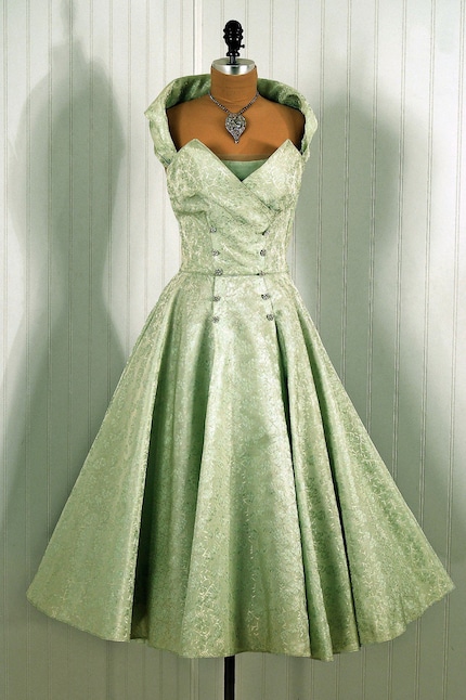 1950's Vintage Fred Perlberg Designer Couture Mint-Green Rhinestone Silk Halter Strapless Princess Wedding Party Dress