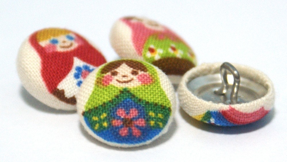 Adorable Tiny Matryoshka Dolls on White - Mini Fabric Sew On Buttons