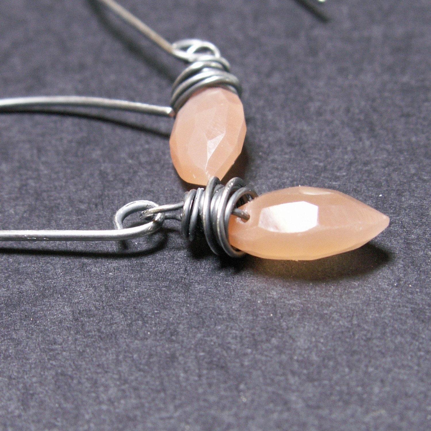 handcrafted jewelry earrings sterling silver oxidized peach moonstone