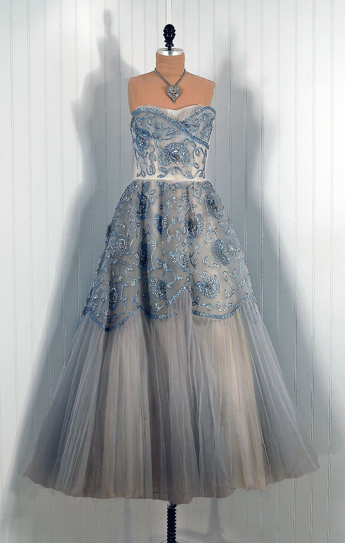 1950's Vintage Ceil Chapman Couture Strapless Steel-Blue Beaded Sequin and Rhinestone Tulle Circle-Skirt Princess Wedding Party Gown Dress