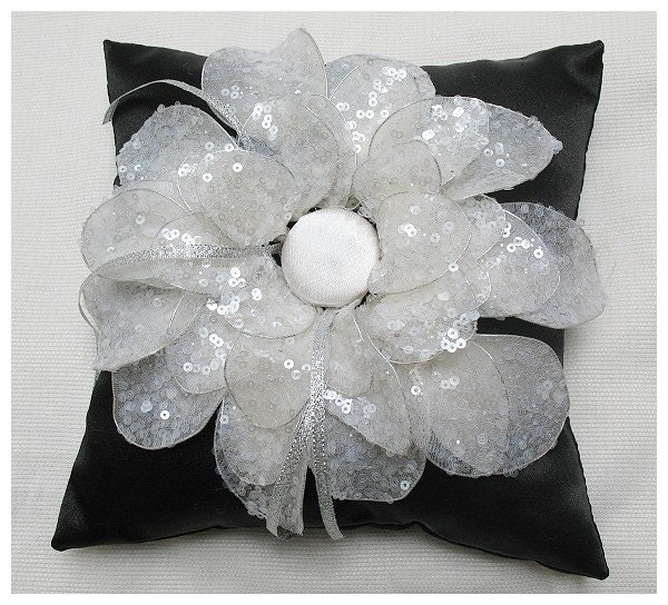 Wedding Ring Pillow for Ring bearer black with white sequin flower CUSTOM 