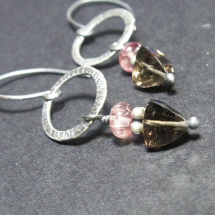 handmade jewelry earrings smoky quartz pink tourmaline sterling silver oxidized