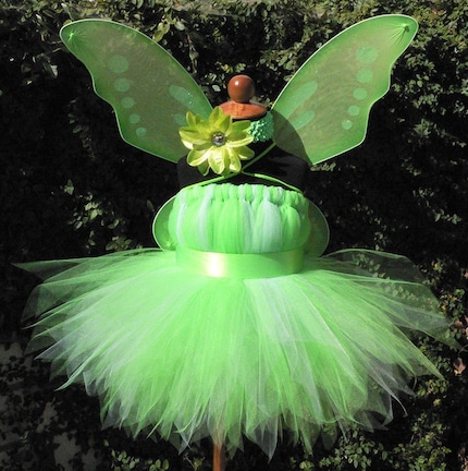 Tinker Fairy Dress - 4 piece set Inspired by Tinkerbell - Includes a Sweet Baby Pixie Dress, Headband, Wand, and Wings - Custom SEWN Tutu Dress - up to 20'' in length - sizes Newborn to 24 months - Perfect for Birthdays and Halloween Costumes