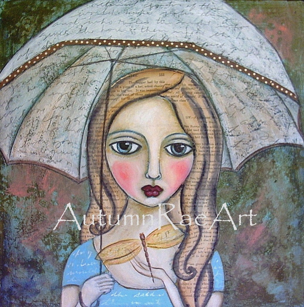 SHELTER - Prim Nature GIRL DRAGONFLY hand-touched PRINT from original painting by Autumn