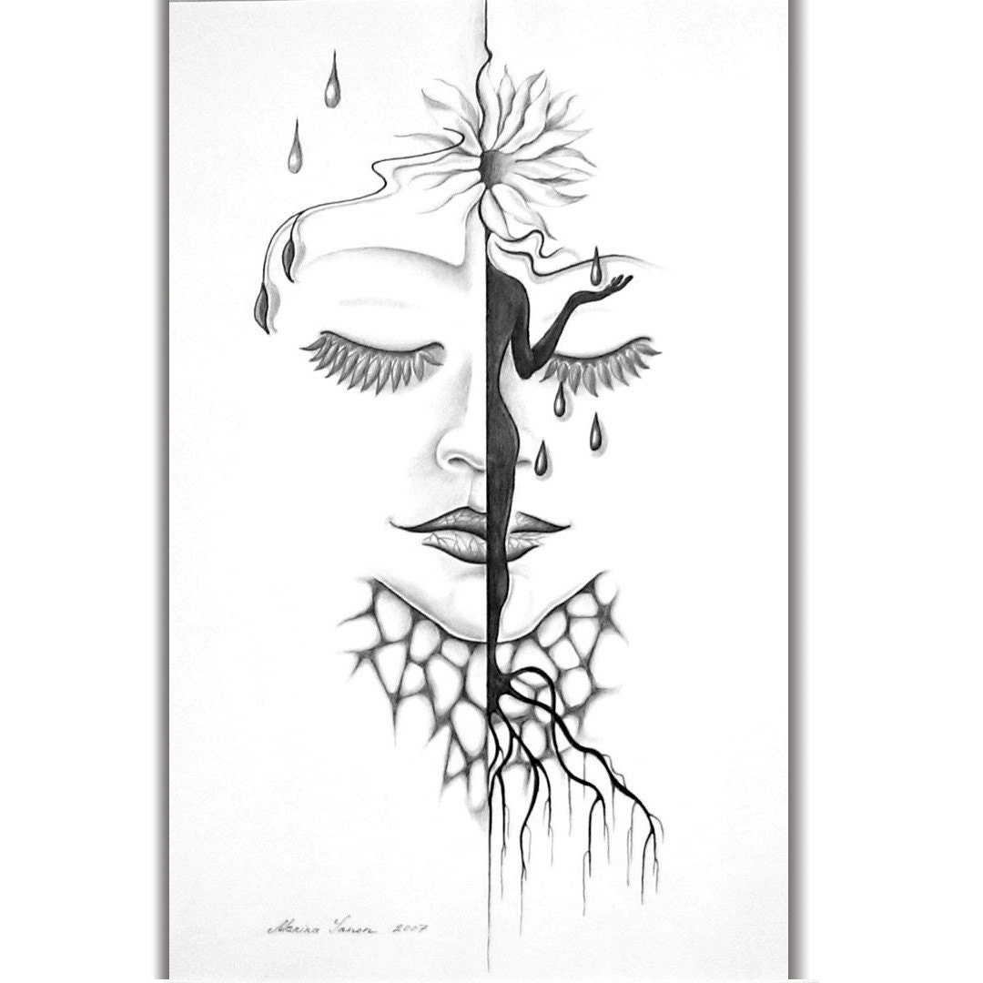 SECRET LIFE 
OF a LITTLE FLOWER - original black and white pencil drawing, etsy free 
shipping