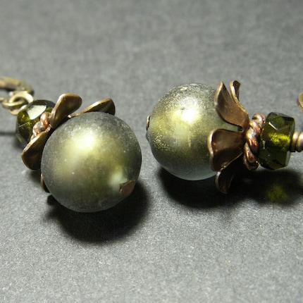 handmade jewelry earrings brass Italian glass beads olive green