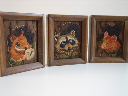 Set of 3 Small Framed Crewel Work of Mouse, Racoon, and Squirrel
