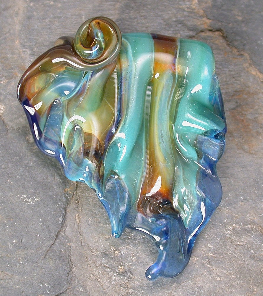 Leafy Freeform Turquoise Brown Boro Lampwork Glass Bead SRA