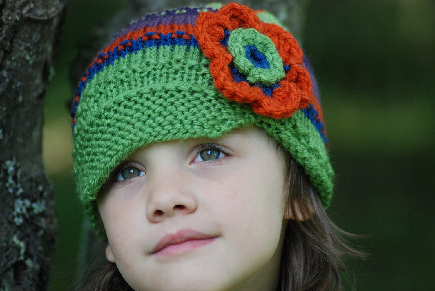 1-3 Years Boutique Child Girl Fall Flower Power Emerald and Orange Bonnet Newsboy Brim Cap Knit Hat Photo Prop Toddler