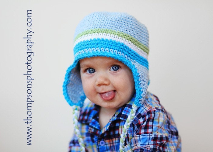 6-12 months Earflap Stripe Beanie - baby blue, celery, white, hot blue
