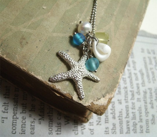 Starfish. Starfish charm, sea glass, pearl, shell necklace