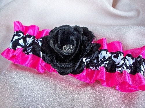 Black White Damask with a Black Rose Hot Pink Ruffle Garter Set