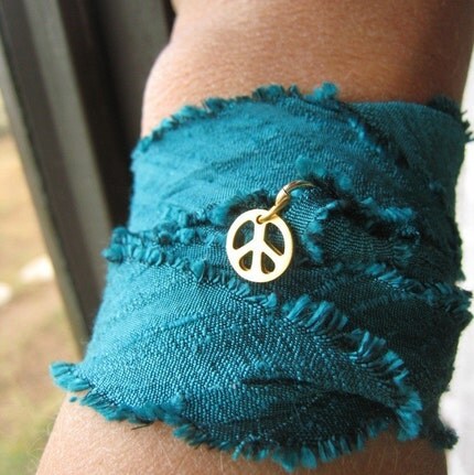 Silk ribbon wrap -- hand dyed raw silk electric turquoise ribbon with 24kt vermeil peace charm