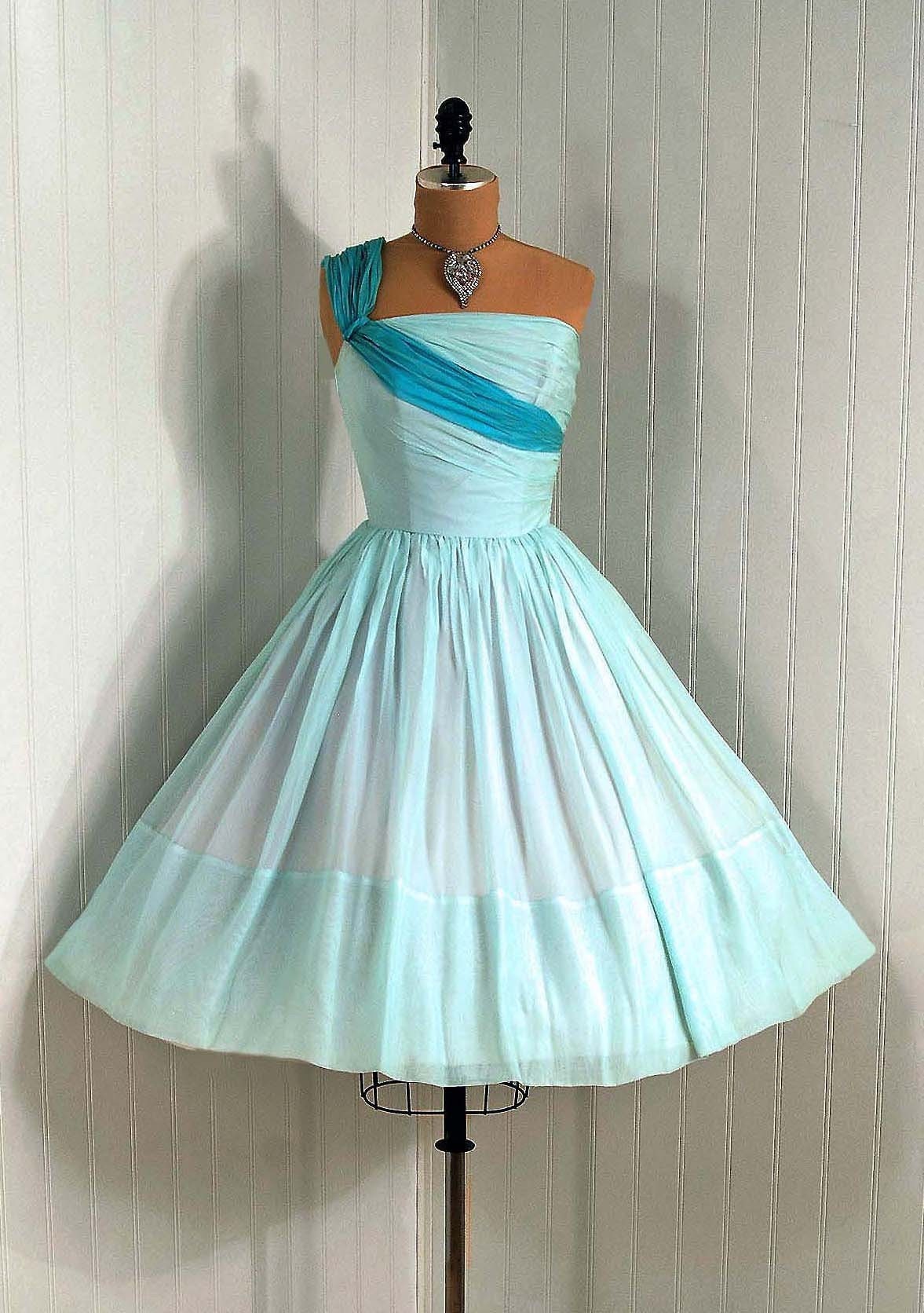 1950's Vintage Baby-Blue Ruched Silk-Chiffon Couture One-Shoulder Asymmetric Grecian-Goddess Princess Circle-Skirt Wedding Party Prom Cocktail Dress