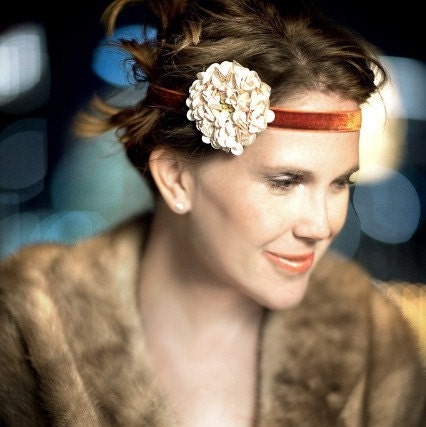 Sequin and Beaded Flower Hair Clip  and Velvet headband -  You Choose Color  of Flower and Velvet Band